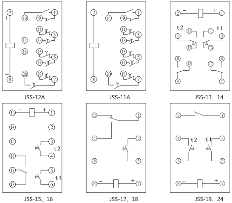 JSS-19時間繼電器背后接線圖及外引接線圖(背視圖)圖片 JSS-19時間繼電器背后接線圖及外引接線圖(背視圖)圖片
